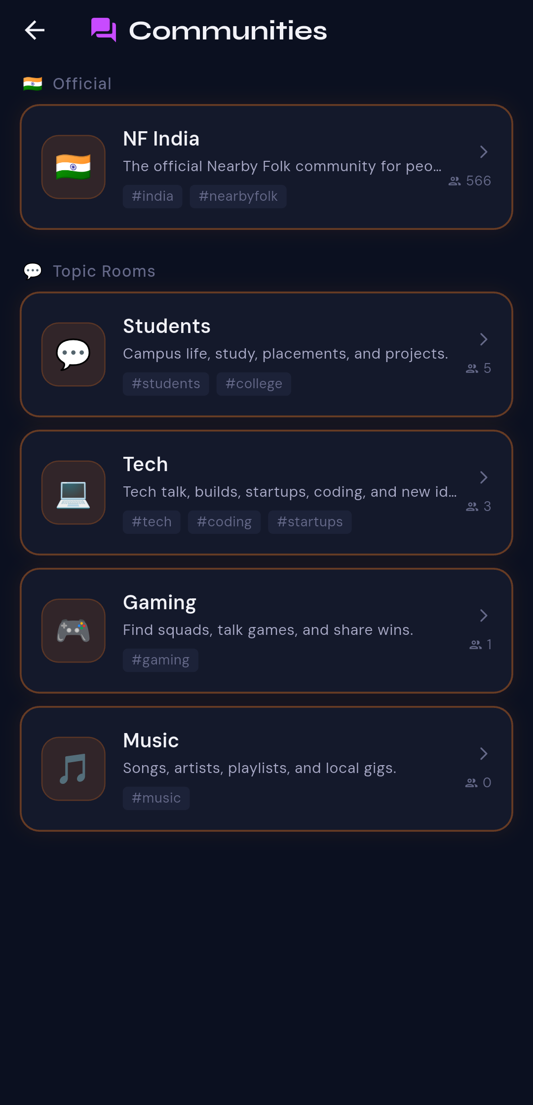 Nearby Folk communities app screen