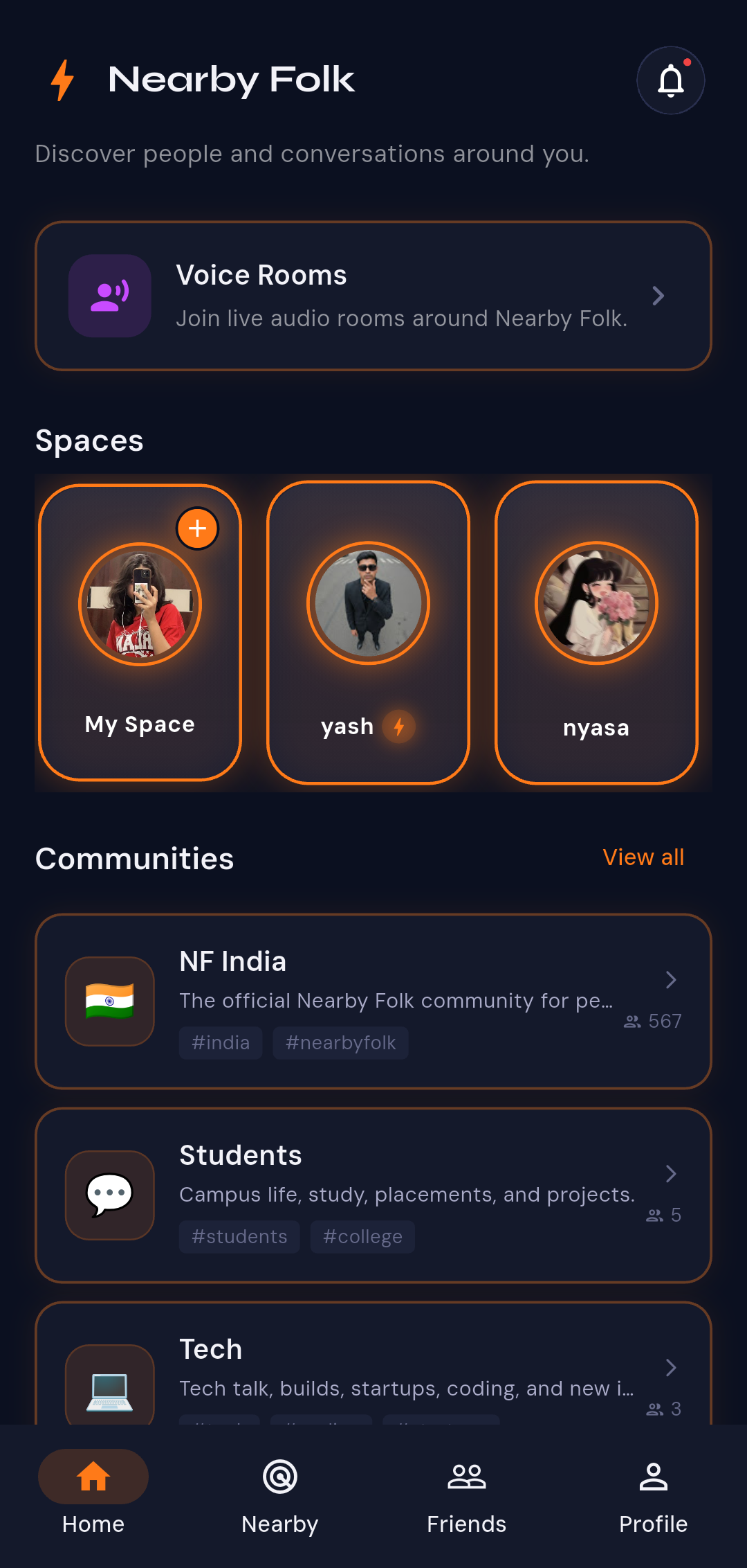 Nearby Folk Spaces app screen